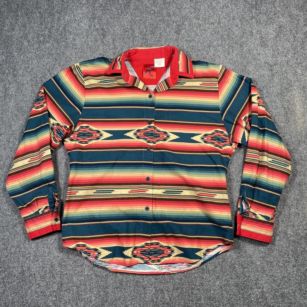 Roper Womens Southwestern Button Down Shirt Teal Red Geometric Western USA 7/8